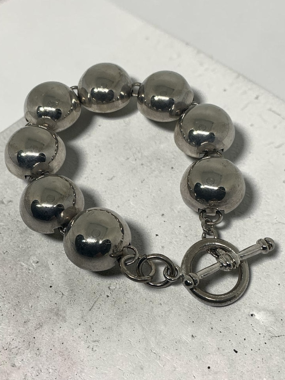 Vintage Signed “Best” Silver-Tone Puffed Dome Bead Toggle Bracelet 7.5”